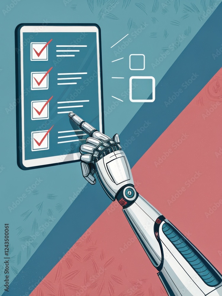 Poster a robotic hand interacts with a digital checklist on a tablet, symbolizing automation and task manag