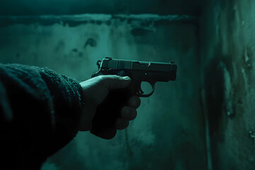 Hand gripping a handgun in a dim environment symbolizing tension and caution