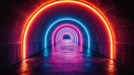 Fototapeta premium 3D rendering of an empty room with radiant neon lights glowing along the walls, casting a colorful aura. Ideal for futuristic, digital, or modern-themed projects requiring a vibrant backdrop.