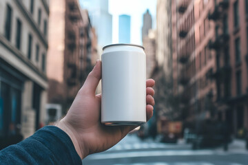 Hand holding a blank white can against a city street backdrop with tall buildings