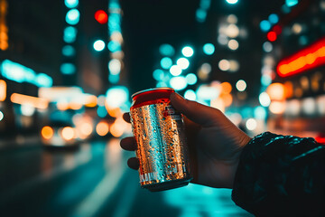 Hand holding a soft drink can on a lively city street illuminated by night lights