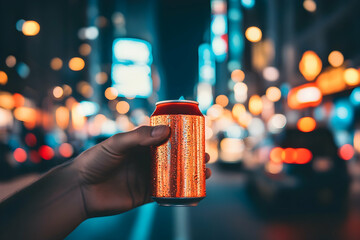 Hand holding a soft drink can on a lively city street illuminated by night lights