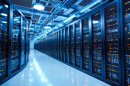 Modern data center with illuminated server racks and glowing blue lights.