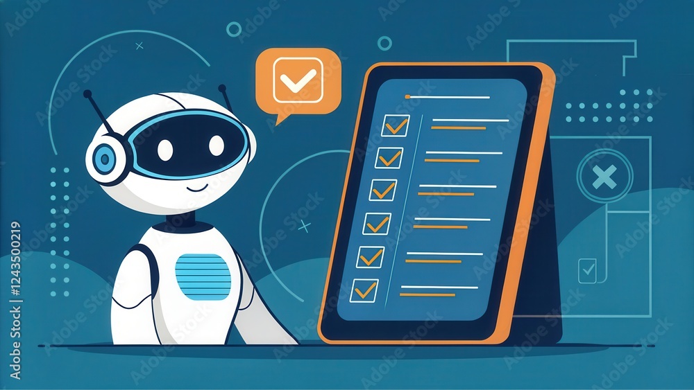 Poster a friendly robot stands next to a tablet displaying a checklist, symbolizing automation and task man