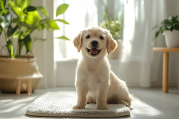 Happy puppy next to a toothbrush in a bright indoor setting promoting pet care