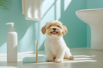 Happy puppy next to a toothbrush in a bright indoor setting promoting pet care