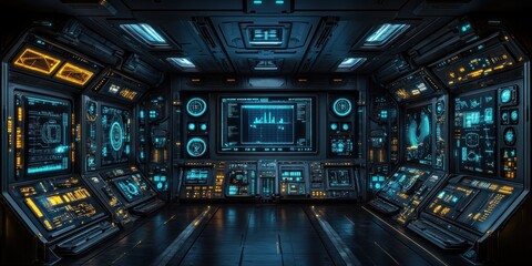 Fototapeta premium Futuristic Spaceship Bridge: A 3D Render of a High-Tech Control Room