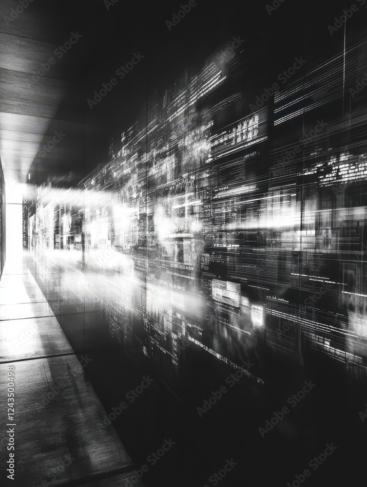Poster a blurred image depicting a dimly lit corridor with streaks of light, suggesting speed and movement 