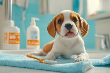 Happy puppy next to a toothbrush in a bright indoor setting promoting pet care