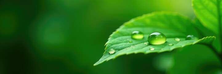 Tiny droplets on a lush green leaf against a natural background, purity, green leaf, organic