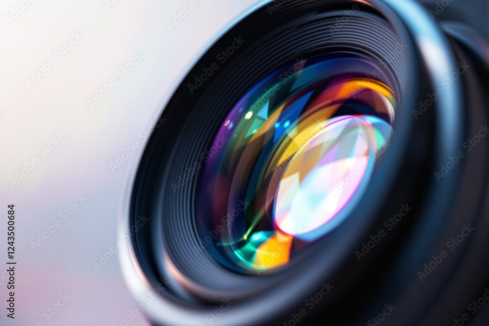 Aufkleber close-up of camera lens with colorful reflections on blurred light background.