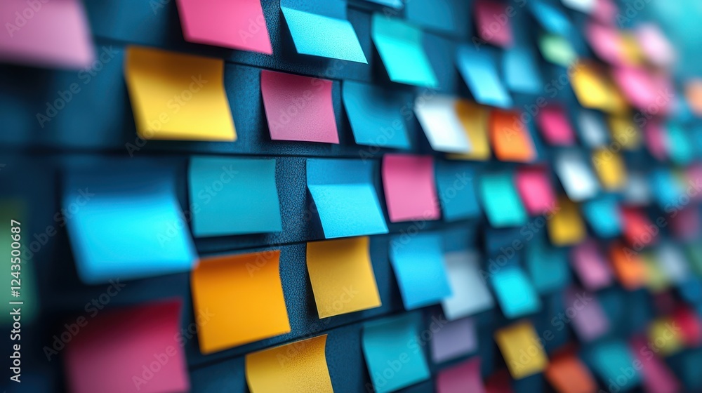 Poster colorful sticky notes arranged on board, creating vibrant and organized display. this captures essen