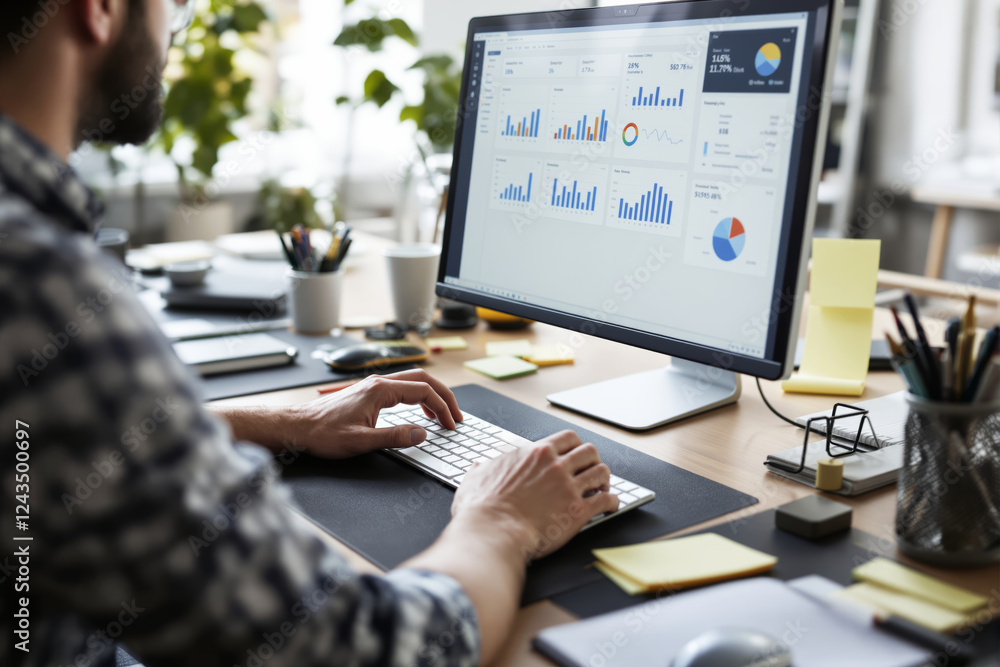 Aufkleber Professional working on data analytics at desk with light-filled background.