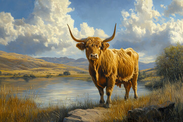 Highland cow with prominent horns standing in a serene landscape