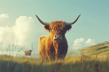 Highland cow with prominent horns standing in a serene landscape