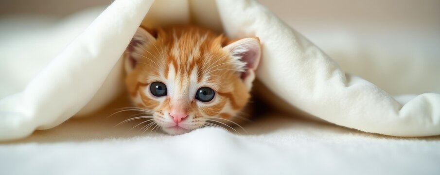 Tiny orange kitten peeking from behind white fabric folds, sweet, small, tiny