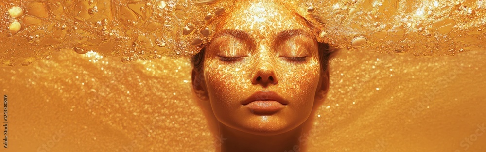 Poster surreal depiction of a glowing woman submerged in shimmering liquid light creating a dreamlike atmos