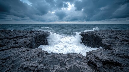 Obraz premium Stormy sea crashing against rocks, dramatic cloudscape