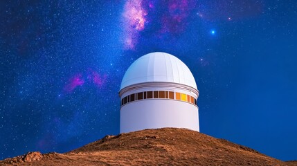 White Observatory Dome on Hill Against Starry Night Sky