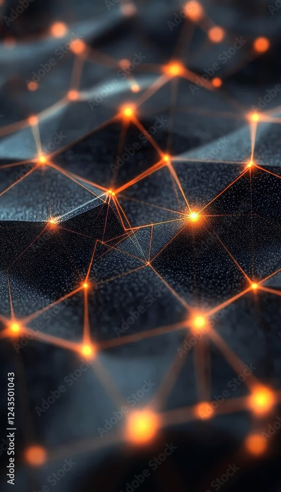 Poster interconnected golden nodes on polygonal network background, abstract digital design element.