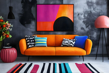 Bold contemporary living room with vibrant furniture and striking abstract artwork