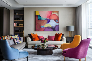 Bold contemporary living room with vibrant furniture and striking abstract artwork