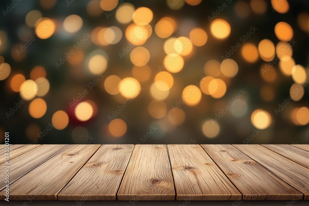 Poster wooden tabletop with blurred bokeh lights in the background, creating a warm and festive ambiance fo