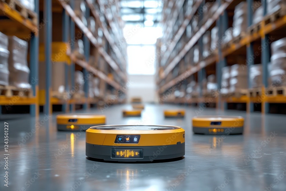 Poster automated robots in modern warehouse, showcasing advanced logistics systems and efficiency. scene hi