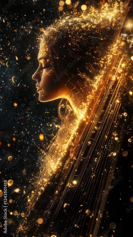 Poster surreal representation of a glowing woman amidst a cosmic backdrop filled with shimmering lights and