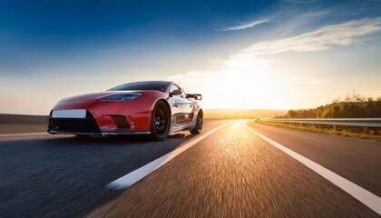 sporty silver car racing under morning sunlight modern red car on road