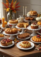 Traditional Thanksgiving dessert table with pies and cakes, holiday, pastel