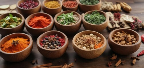 Traditional wooden bowls featuring colorful mix of spices, cooking essentials, peppercorns, aromatherapy
