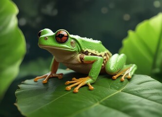 Treefrog exploring its surroundings on a green leaf, frog, amphibian