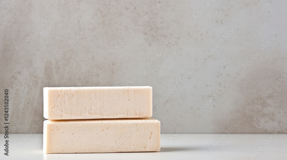 Poster soft, creamy blocks of cheese resting on a minimalistic countertop. generative ai