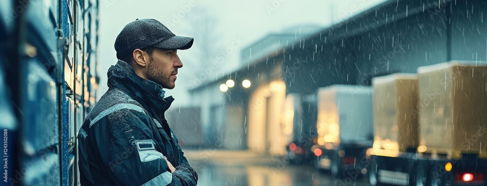 Poster transportation manager overseeing loading operations in rain, showcasing dedication and focus. scene