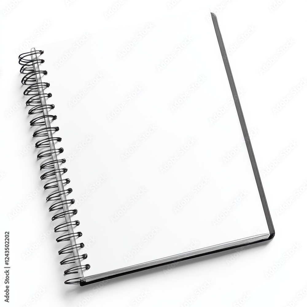Poster open spiral notebook with a blank page ready for writing ideas, sketches, and notes at a desk
