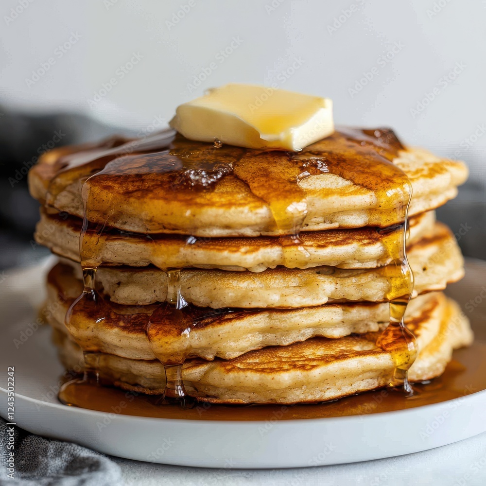 Poster golden pancakes stacked high with syrup and butter create a delicious breakfast treat perfect for an