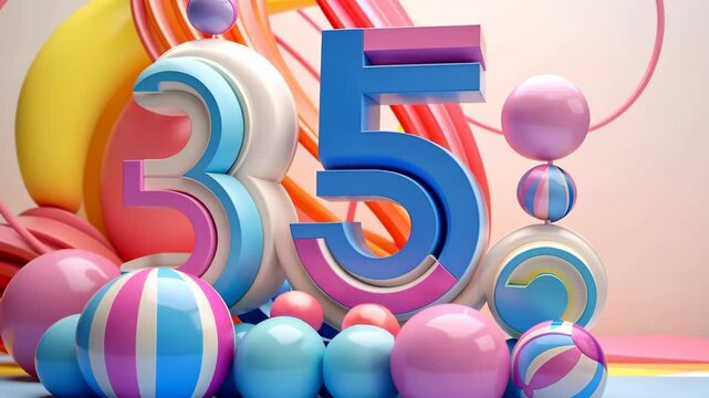 A joyful birthday celebration unfolds with bold and colorful number animations highlighting the age 35. Bright balloons and playful designs create a festive atmosphere