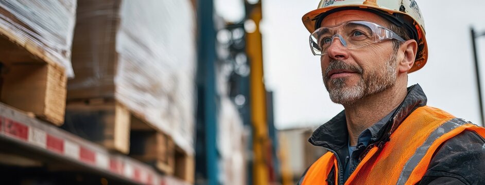 transportation manager overseeing loading operations, wearing safety gear and looking thoughtfully at pallets. scene conveys sense of responsibility and diligence