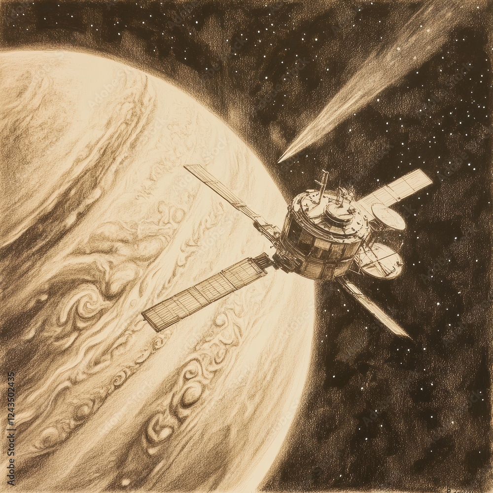Poster Space probe explores the vast atmosphere of Jupiter with comet trails in the background