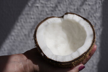 White coconut flesh (meat) of a coconut, (Cocos nucifera)  Fortaleza Ceará, Brazil.