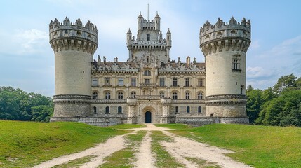 Fototapeta premium Majestic Chateau de Brissac stands tall amidst verdant landscape