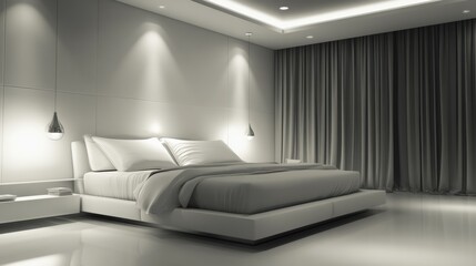 Sleek modern bedroom featuring a unique floating nightstand and ambient lighting