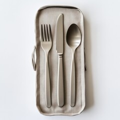 Stainless steel travel utensil set with fork knife and spoon in a compact carrying case for outdoor dining and picnics