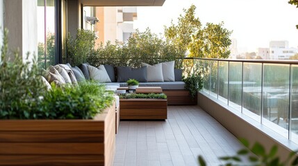 Modern balcony with sleek seating and lush greenery in a vibrant city setting during golden hour