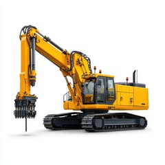 Heavy-duty yellow excavator with hydraulic arm and drill attachment on a construction site ready for use
