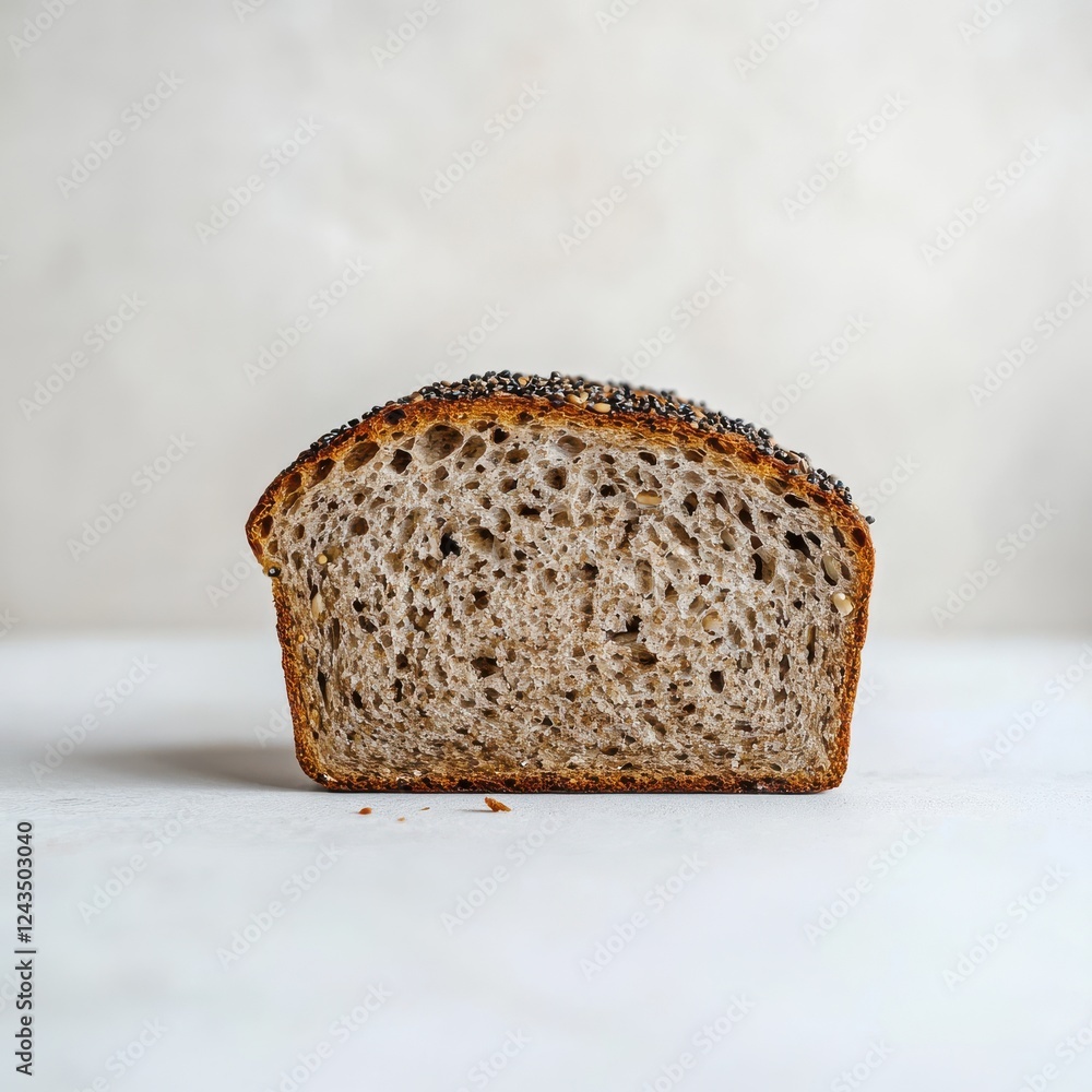 Aufkleber Slice of rye bread with a rough texture resting on a light surface in a minimalistic setting