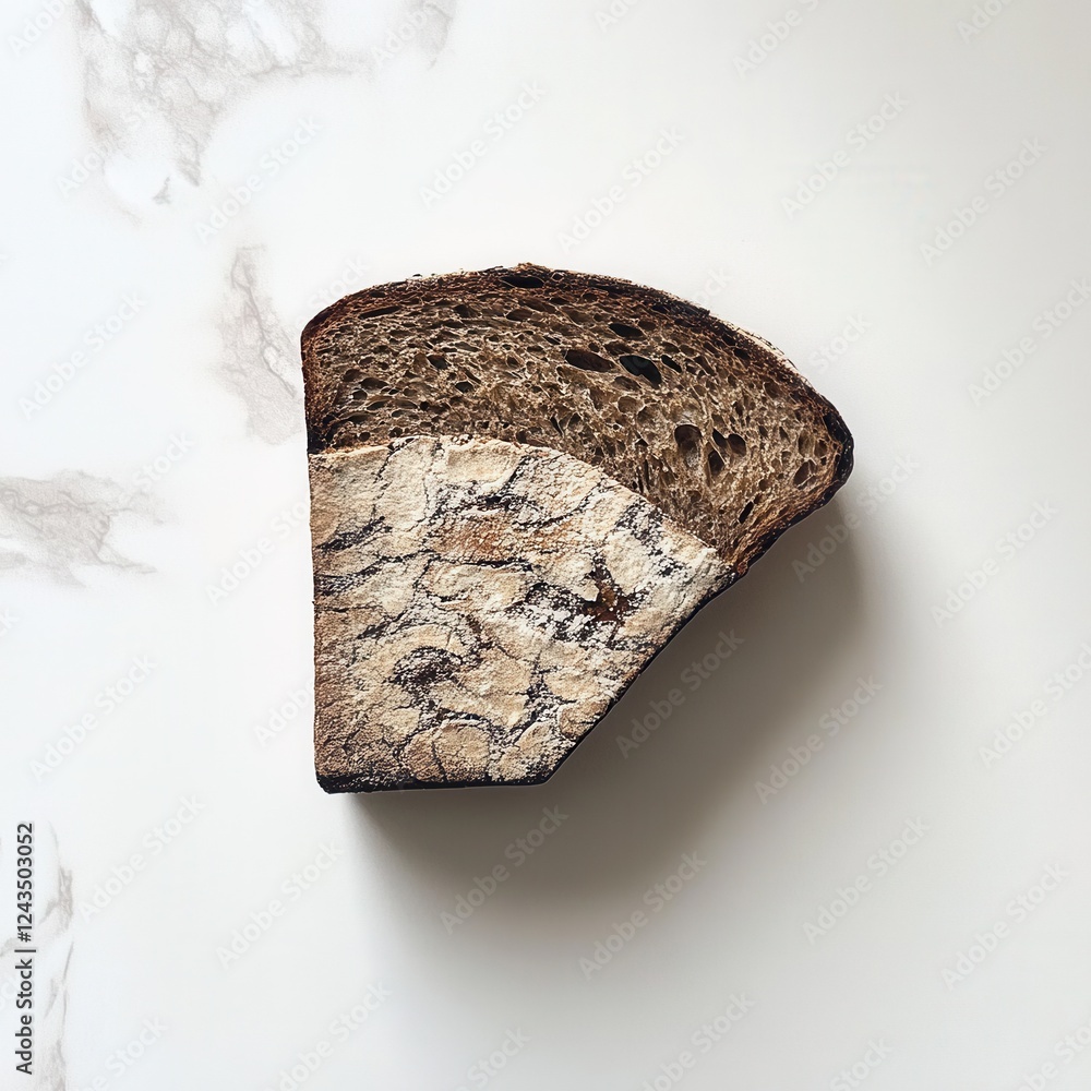 Poster Slice of dark rustic rye bread showcasing its unique texture on a light marble surface