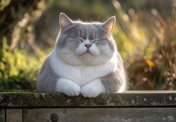 Adorable gray and white cat resting outdoors with eyes closed, enjoying sunlight on a serene day, showcasing calm and peaceful character in nature.