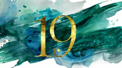 A captivating animation showcases the number 19 in gold, set against a flowing watercolor background. The blend of colors highlights a celebration of a birthday milestone in a unique way